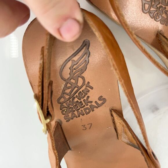 Ancient Greek Sandals Women's Sandal Size 37 7 Saddle Tan Leather Slingback Wood - Picture 13 of 16